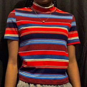 Red, White and Blue Striped Turtleneck Top